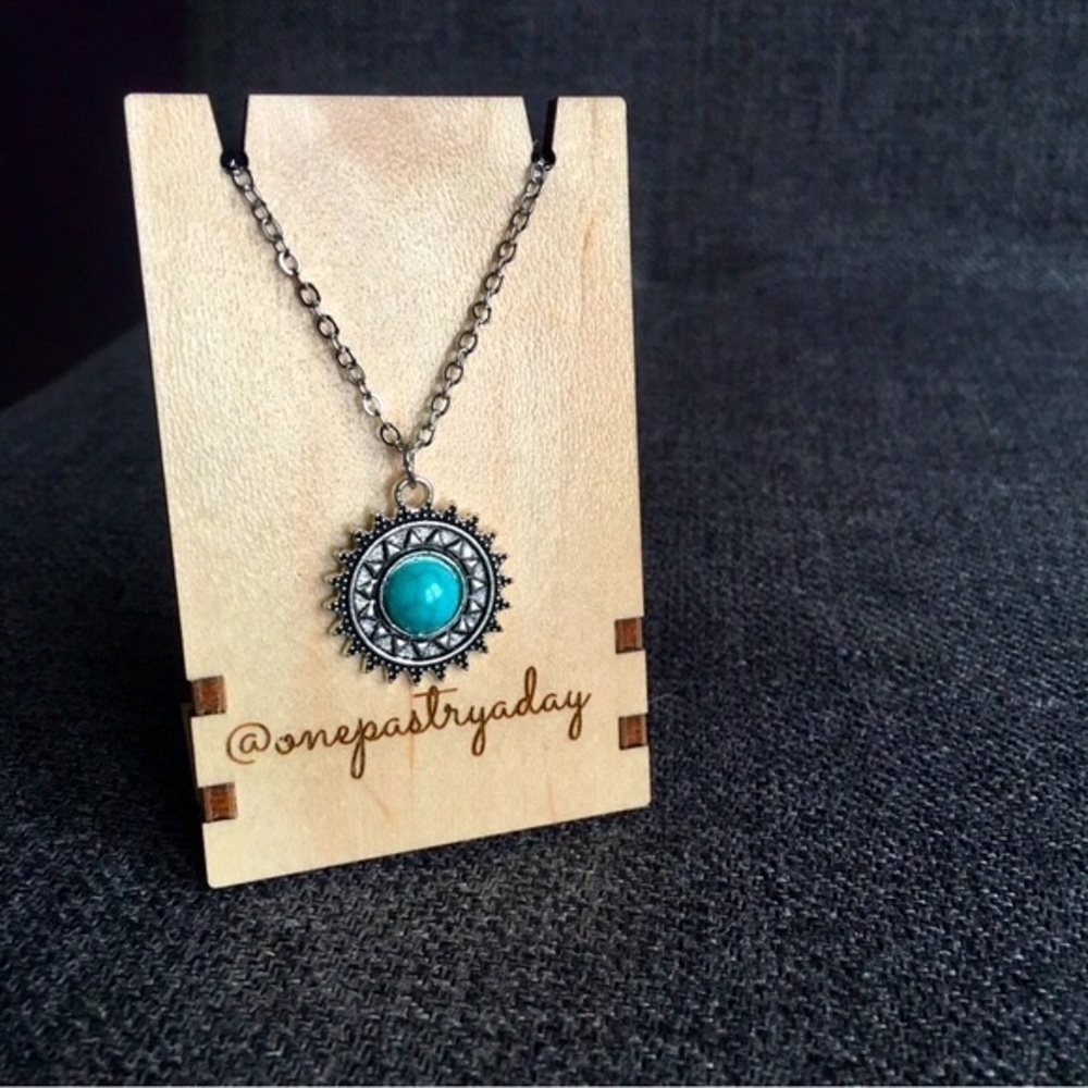 Bohemian Turquoise and Silver Pendant Necklace, ~16+ inches (SUNSHINE)